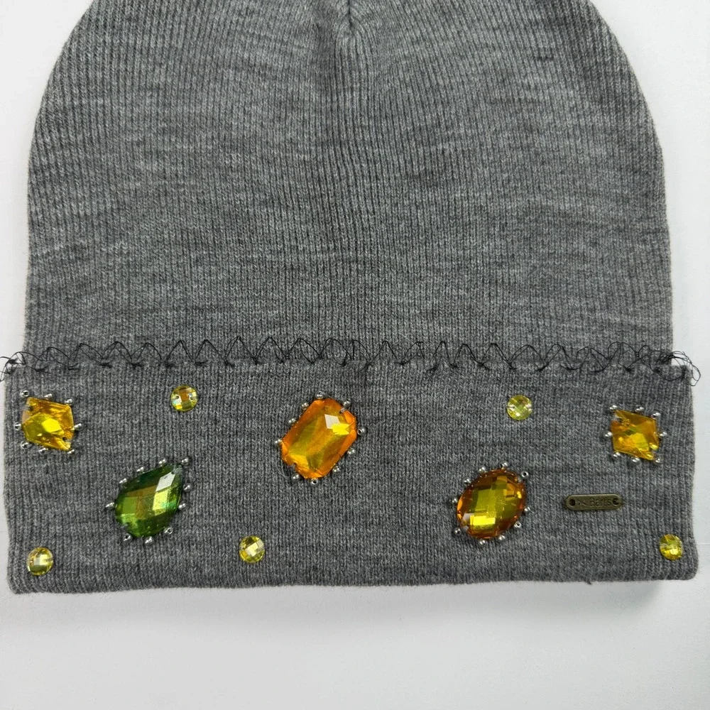 Barts Rhinestone Embellished Beanie Womens Knit Hat Gray Minimalist Mcbling